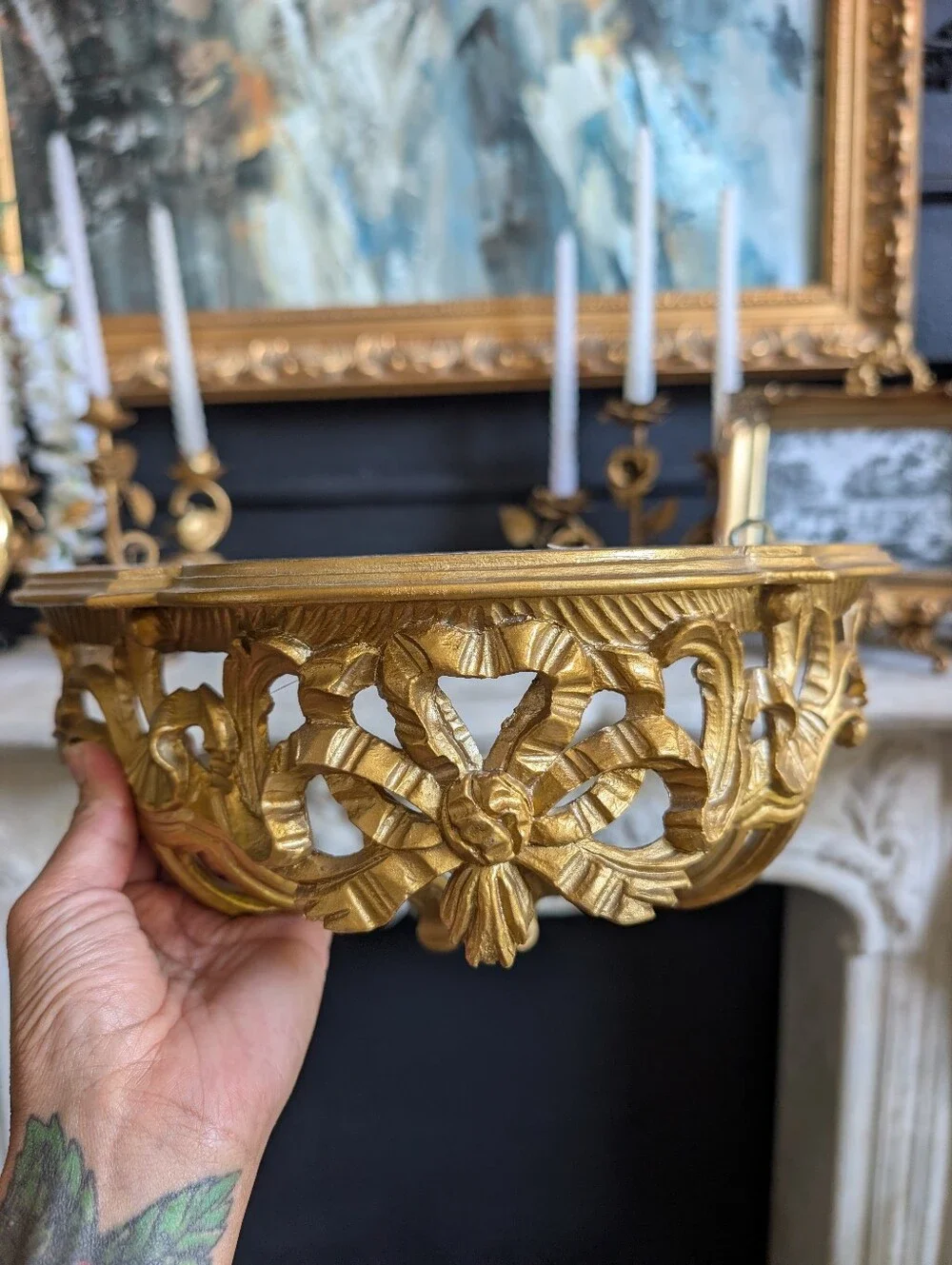 Vintage Italian Gold Hanging Wall Shelf Console Scrolling Acanthus Gold Plastic